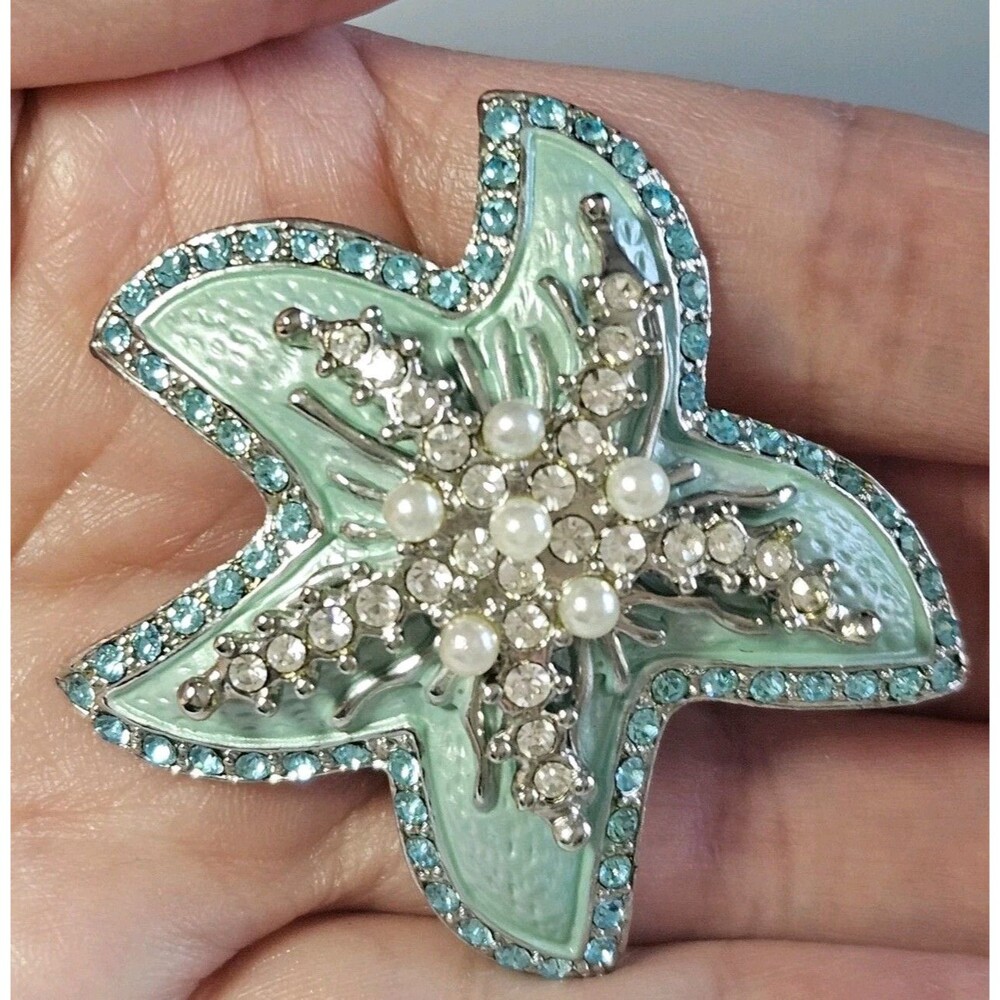 Silver Tone Starfish Brooch Blue Enamel Blue Clear Rhinestone Faux Pearl Accents